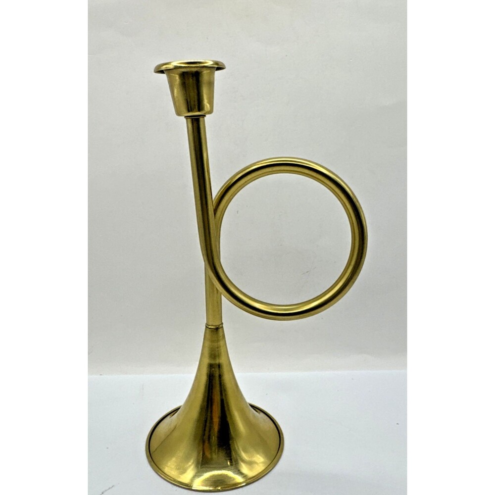 Brass Trumpet Bugle Horn Candle Holder Tapers 9” Patina India Vintage - Picture 2 of 5